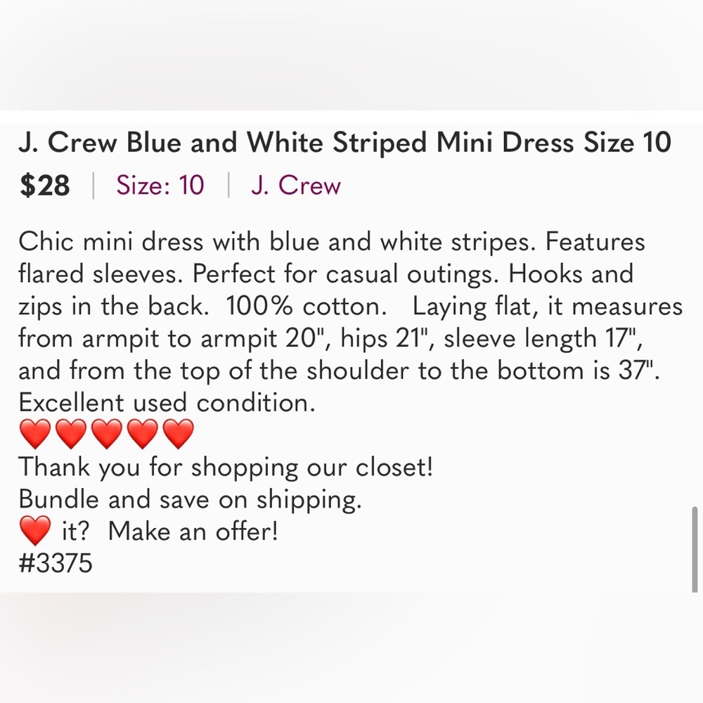 J. Crew Blue and White Striped Mini Dress Size 10 - Picture 2 of 9